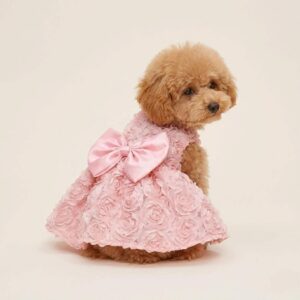 Pink Floral Dog Princess Dress with Satin Bow – Small Puppy Party Outfit
